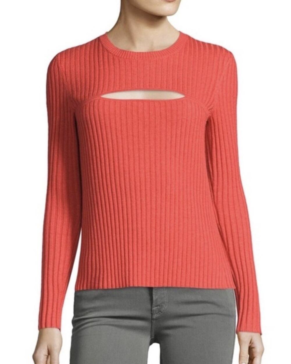 Frame Women's Tomato Red Overlap Ribbed Cut Out Wool Blend Sweater - Size XS